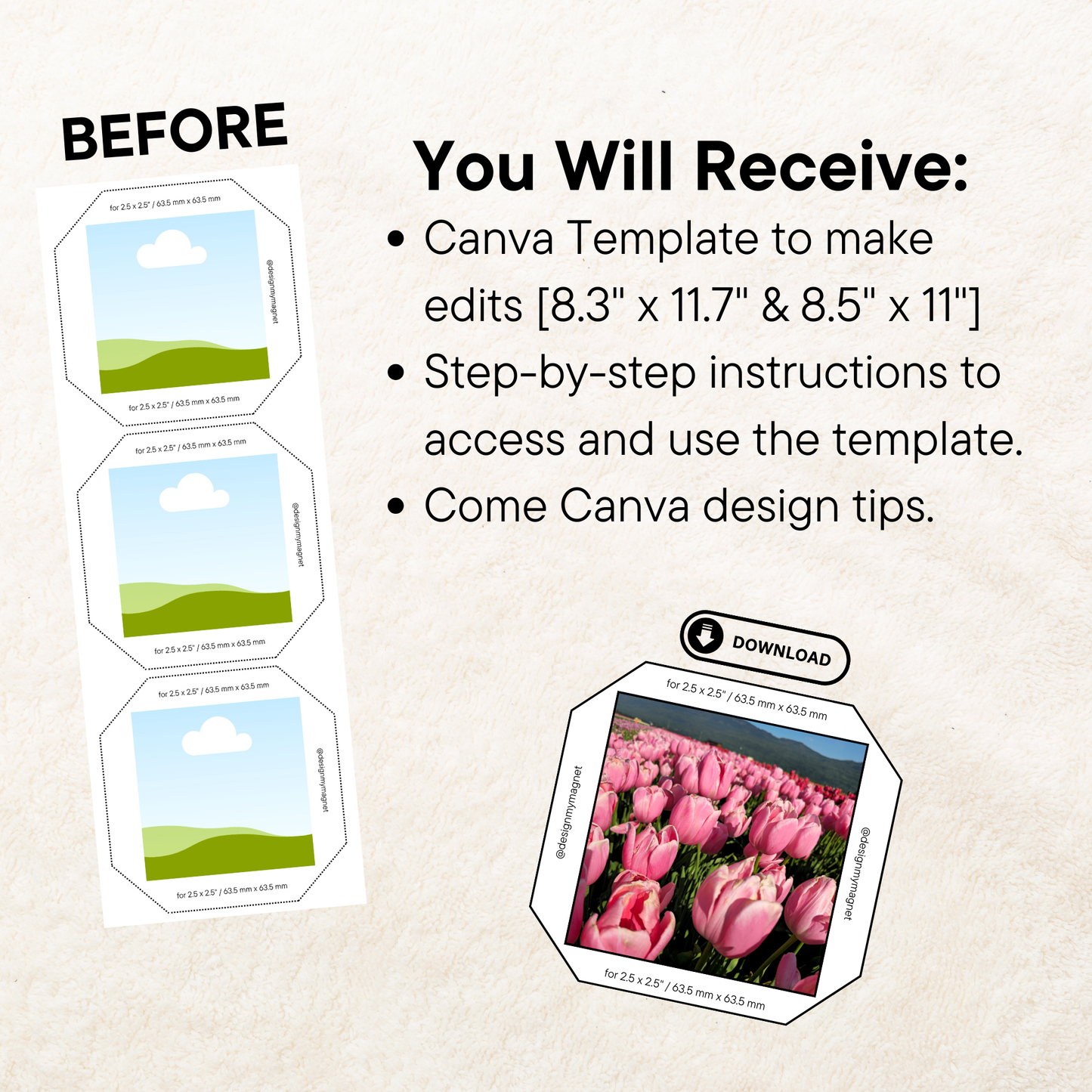 Side-by-side images showing 'Before' with blank magnet placeholders and 'After' with customized, photo-filled magnet designs using the Canva template.