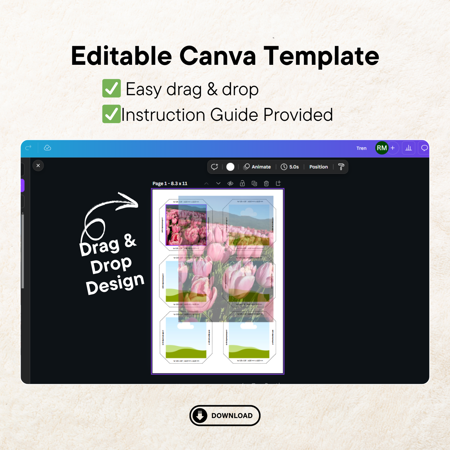 Editable Canva template instructions with the heading 'Drag and Drop Design,' showing examples of easy template customization for magnets.
