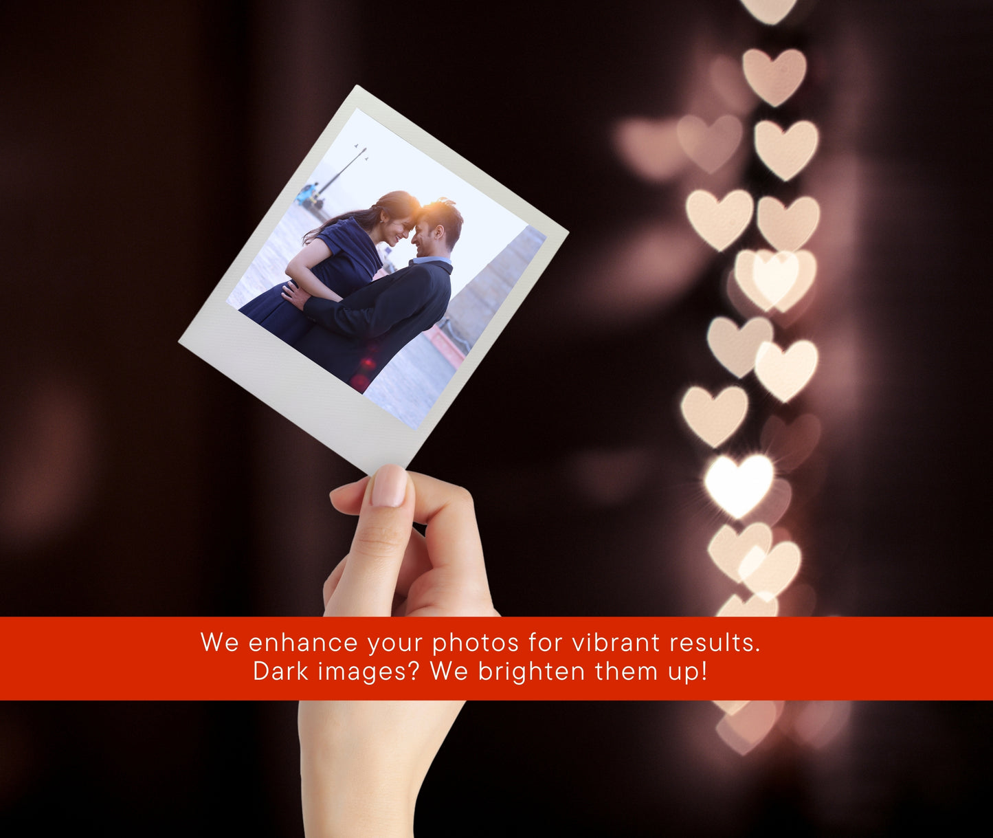 A hand holding a Polaroid-style magnet with a photo of a couple, with a romantic heart-filled blurred background and a bold red banner for bulk or custom order details.