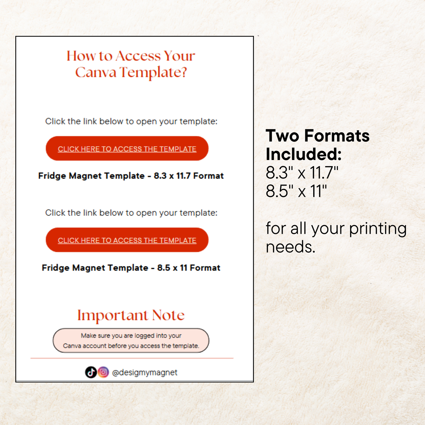 Key features of the fridge magnet template, including its compatibility with Canva, instant download options, and availability in multiple sizes.