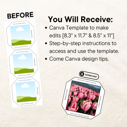 Side-by-side images showing &#39;Before&#39; with blank magnet placeholders and &#39;After&#39; with customized, photo-filled magnet designs using the Canva template.