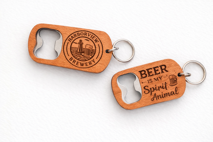 Custom Wooden Bottle Opener Keychain | Personalized Brewery, Wedding & Event Favor