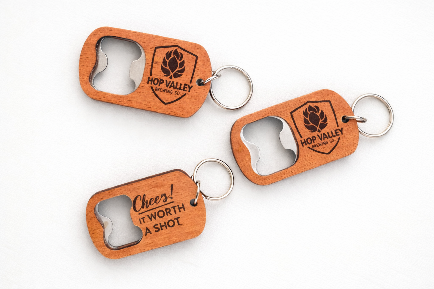 Custom Wooden Bottle Opener Keychain | Personalized Brewery, Wedding & Event Favor