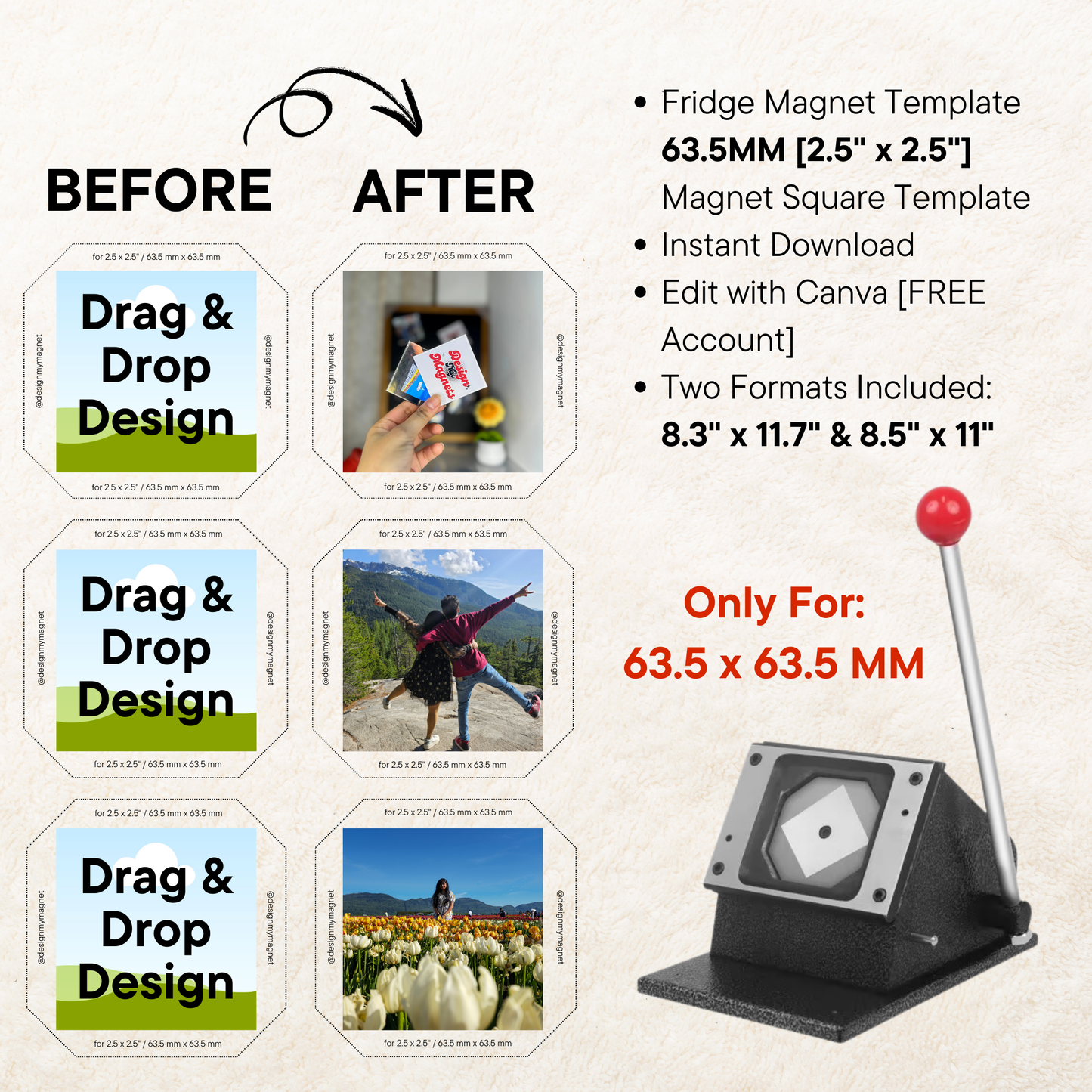 Fridge magnet template display featuring &#39;Before&#39; and &#39;After&#39; examples of square designs. Includes text: &#39;63.5MM [2.5” x 2.5”] Magnet Square Template, Instant Download, Edit with Canva (FREE Account).&#39; Two formats: 8.3” x 11.7” and 8.5” x 11.