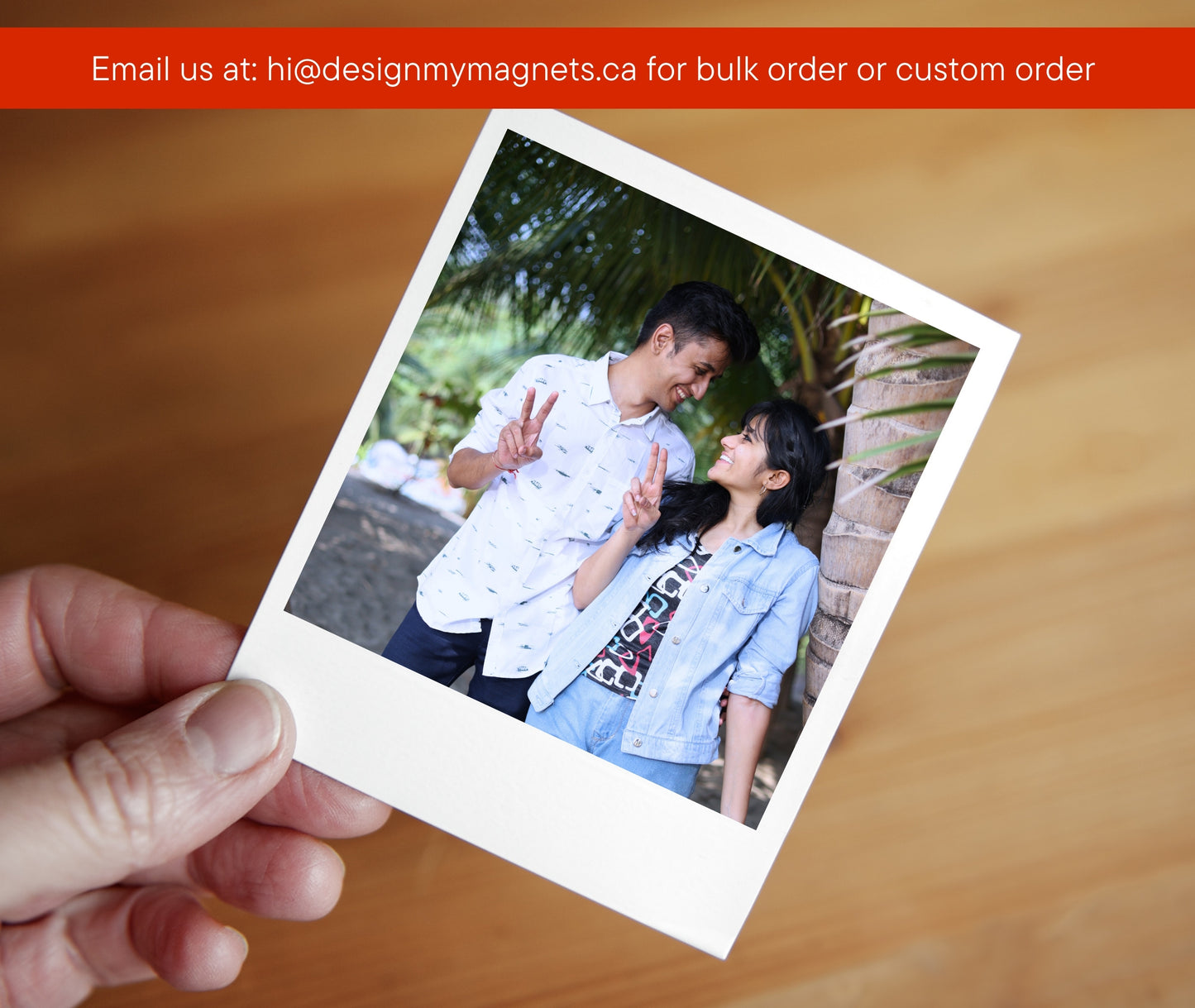 A Polaroid-style photo magnet showcasing a couple, with a text overlay inviting bulk or custom orders via email.