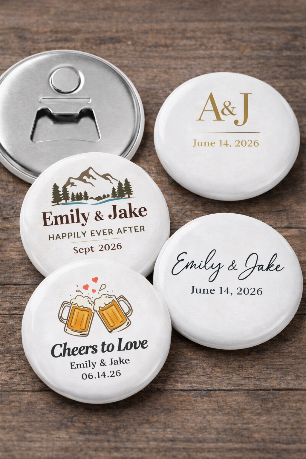 Set of personalized bottle openers with names and dates on a wooden surface