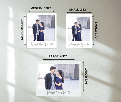 A clean layout showing small, medium, and large Polaroid-style magnets with precise dimensions and labeled sections for easy reference.
