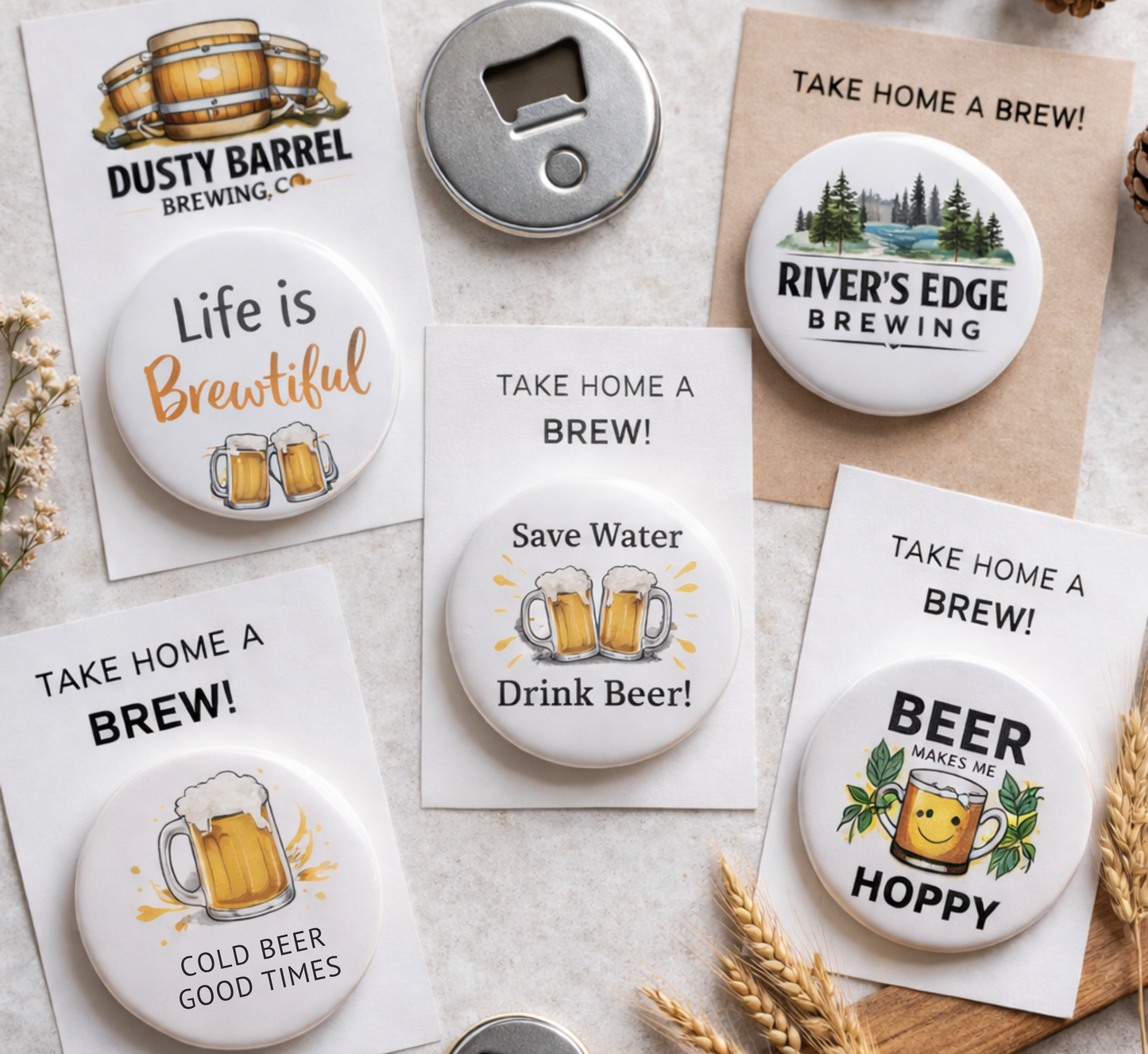 Collection of 'Take Home a Brew!' themed buttons and a bottle opener on a light background.