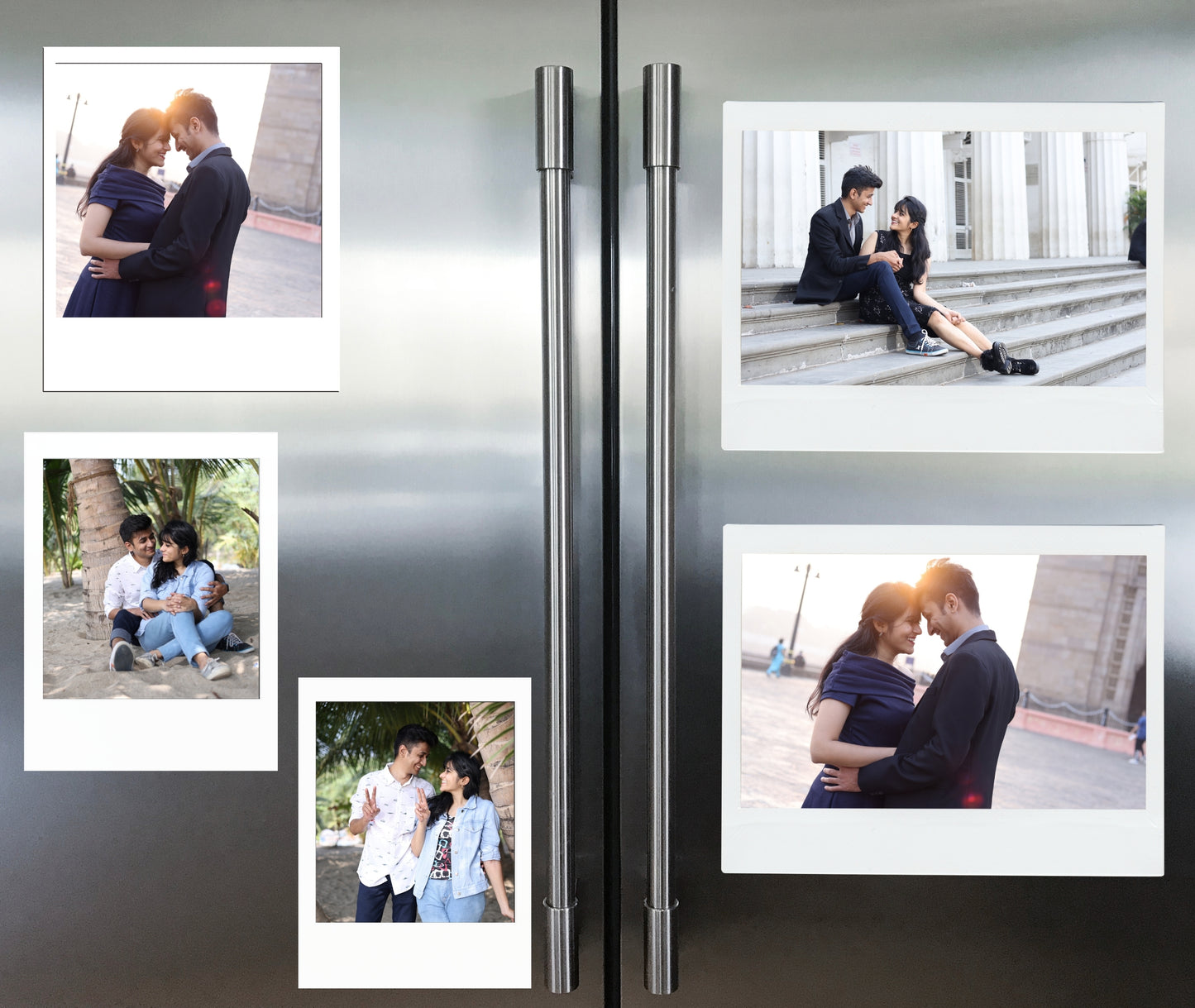 A comparison of small, medium, and large Polaroid magnet sizes with labeled dimensions, featuring sample couple photos for each size.