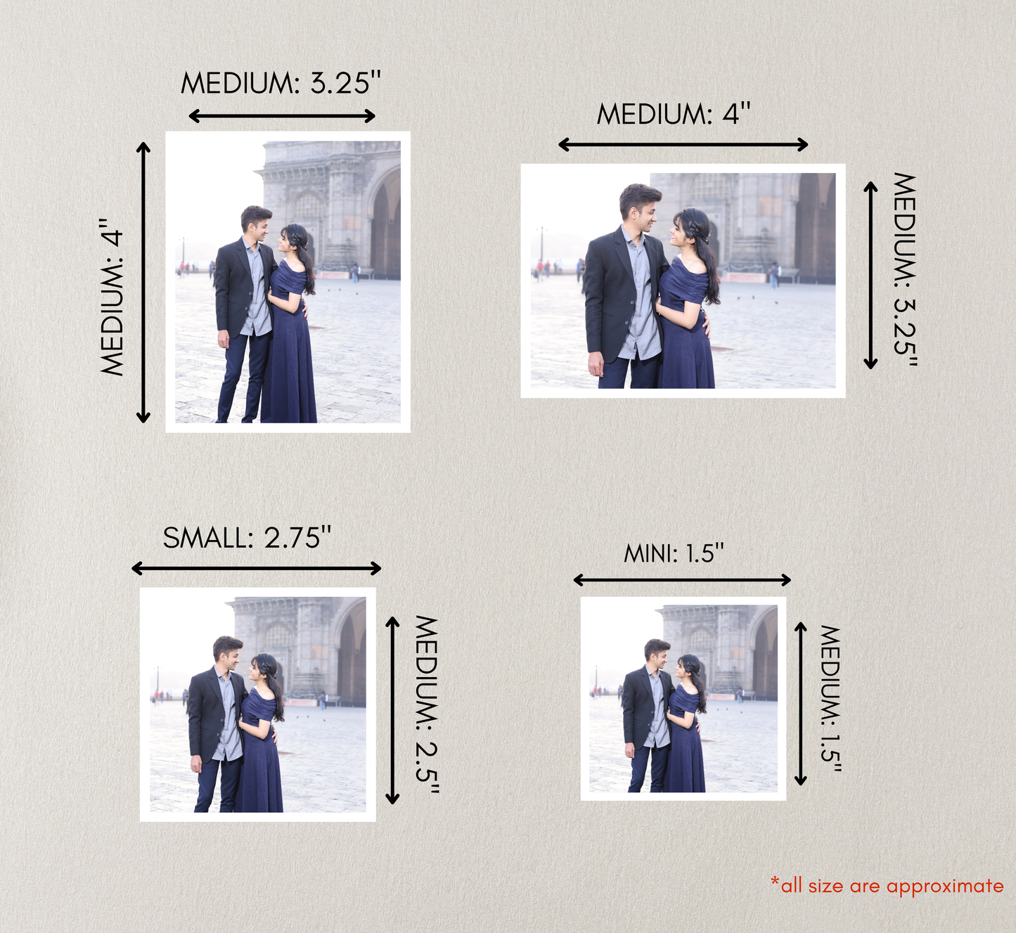 Size chart for photo prints showing different dimensions with a couple in formal attire against a snowy background.