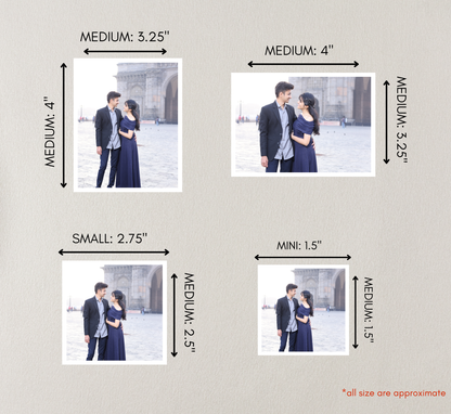 Size chart for photo prints showing different dimensions with a couple in formal attire against a snowy background.