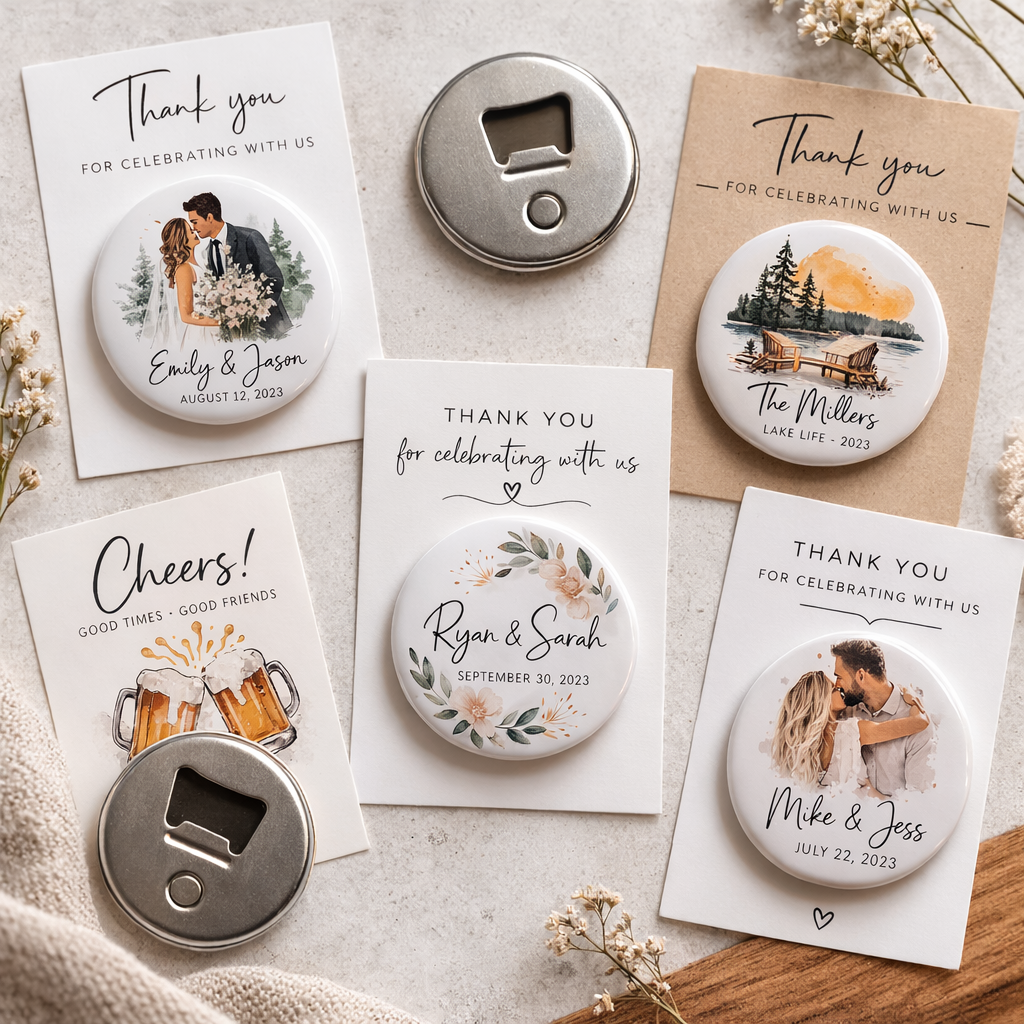 Personalized bottle openers and coasters with wedding-themed designs on a light surface.