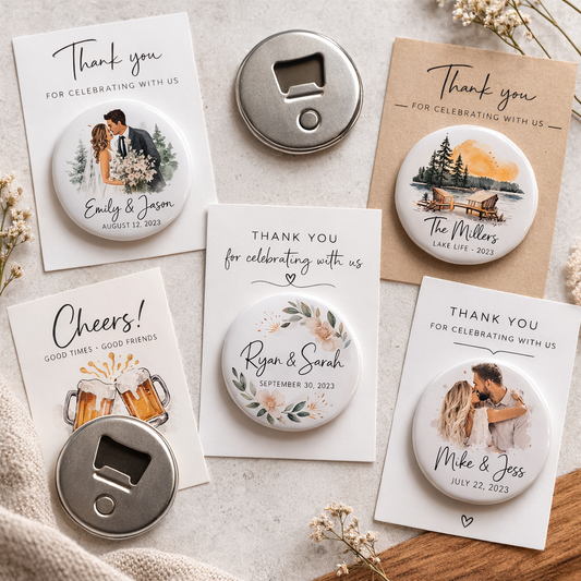 Personalized bottle openers and coasters with wedding-themed designs on a light surface.